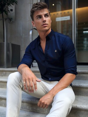 Blakely Albany Fitted Stretch Shirt Donkerblauw | WFLJZ-8905