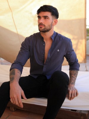 Blakely Berkane Linen Shirt Donkerblauw | UXOST-3047